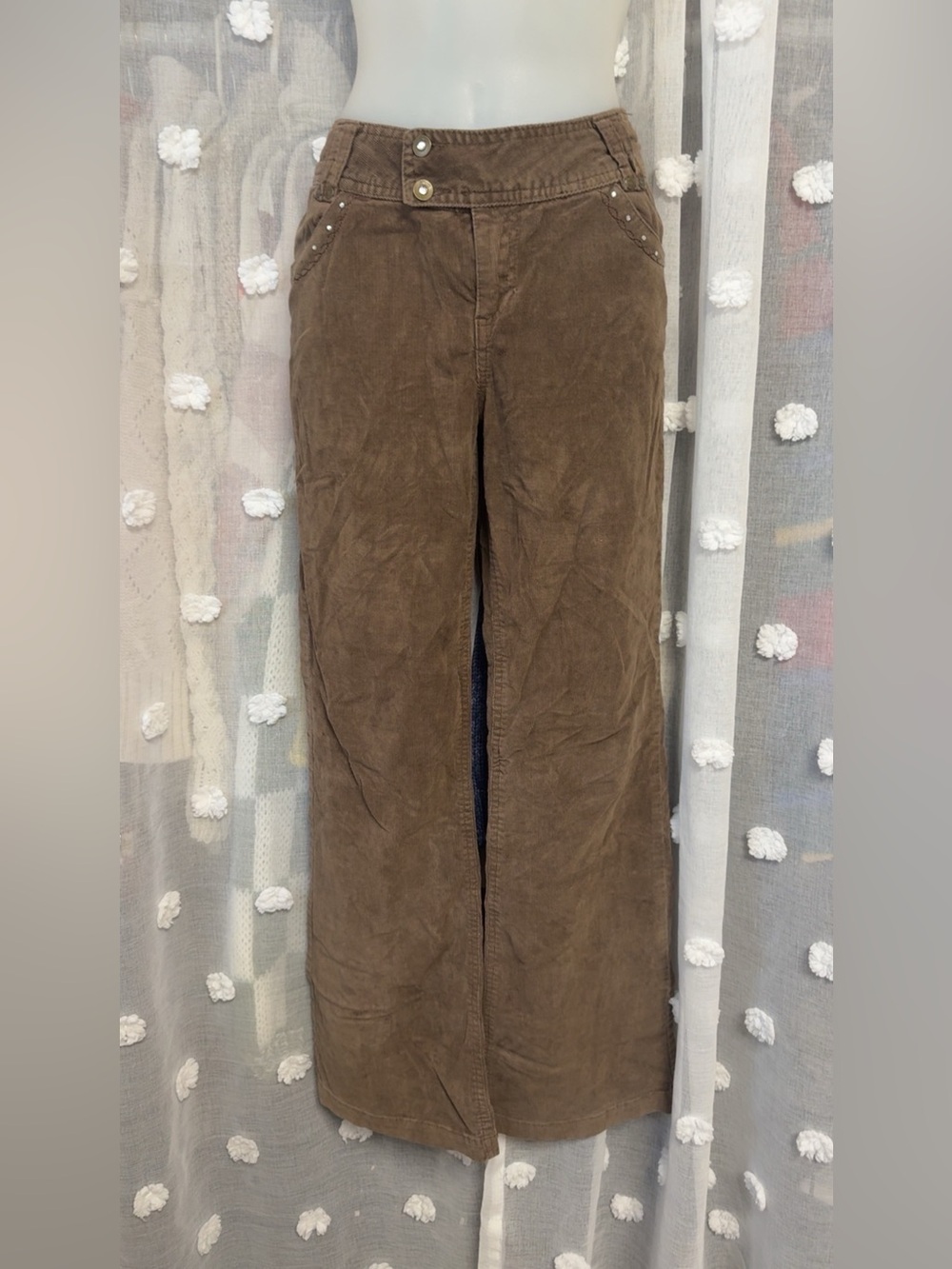 Y2K Nori Brown Corduroy Wide-Leg Pants | Embellished Pockets | Size 16 Girls